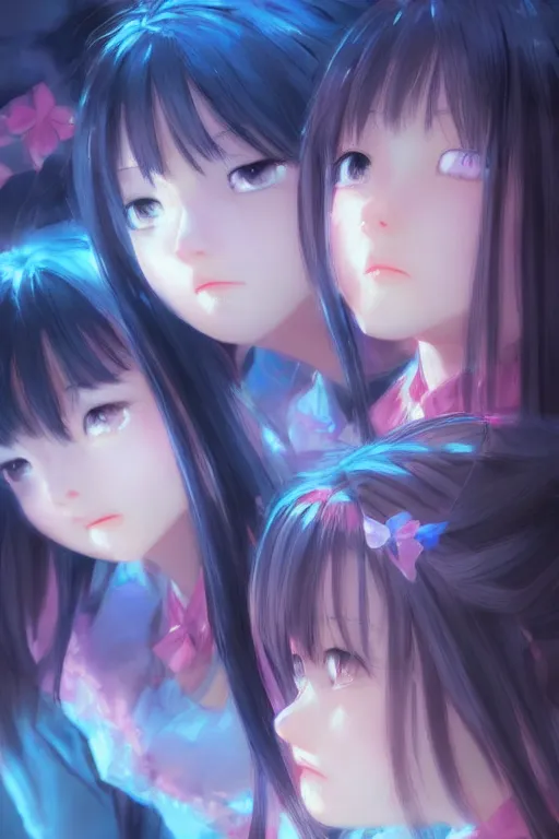 Prompt: 3d infrared octane render concept art by Mo Xiang Tong Xiu, by Igarashi Daisuke, by makoto shinkai, cute beauty cozy portrait anime schoolgirls under dark pink and blue tones, mirror room. light rays. water bellow. pretty realistic face. pretty sad photographic eyes. dramatic light, trending on artstation, oil painting brush