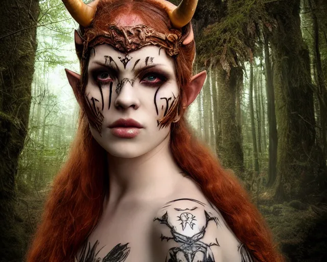 Image similar to 5 5 mm portrait photo of an armored gorgeous anesthetic redhead woman warrior with a face tattoo and horns growing from her head, in a magical forest. by luis royo. highly detailed 8 k. intricate. lifelike. soft light. nikon d 8 5 0. cinematic post - processing