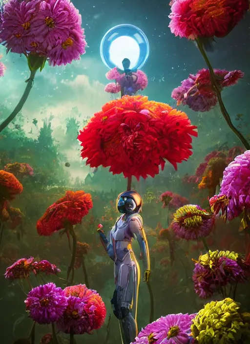 Image similar to An epic fantastic realism comic book style painting of the most beautiful flowers launched across the galaxy, bouquets, fisheye lens, unreal 5, DAZ, hyperrealistic, octane render, dynamic lighting