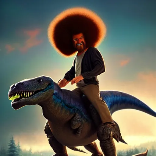 Image similar to bob ross!!! riding!!! a dinosaur!!, giant afro!, model pose, ultra realistic, concept art, intricate details, highly detailed, photorealistic, octane render, 8 k, unreal engine. art by artgerm and greg rutkowski and alphonse mucha