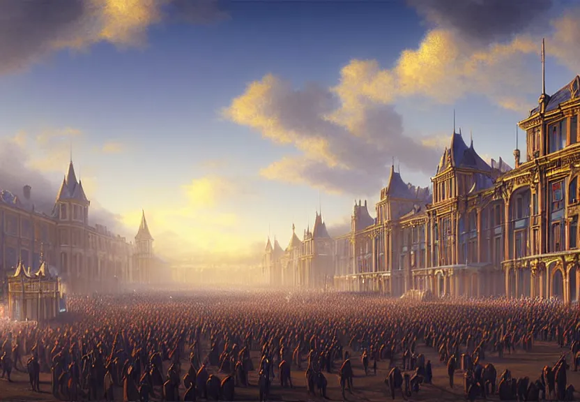 Image similar to a grand victorian parade ground, blue sky, sunny, detailed, volumetric, cinematic lighting, realistic, digital art by greg rukowski