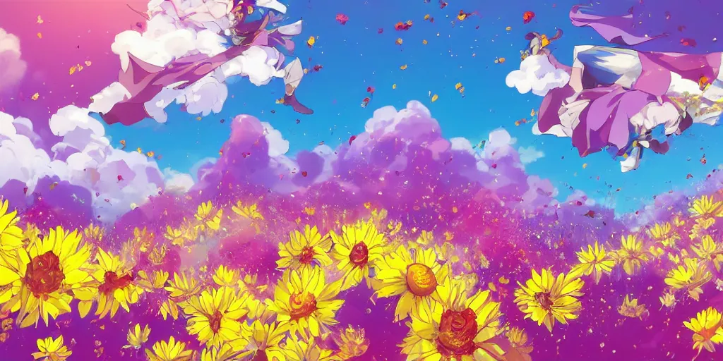 Prompt: background art of magic invisible blade slicing through a bouquet of yellow daisies, flowers exploding spraying and splattering, big puffy clouds, exploding roses, force waves, large rose petals, lotus petals, large polygonal background elements, large polygons, studio ghibli anime, radiant lighting, artgerm, manga, trending on artstation, art nouveau, mature colors