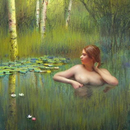 Image similar to painting of a beautiful nymph bathing in a shallow pond, obscured by water lilies, aspen grove in the background, by Jeremy Mann, stylized, detailed, loose brush strokes, pastel colors, green and yellow tones
