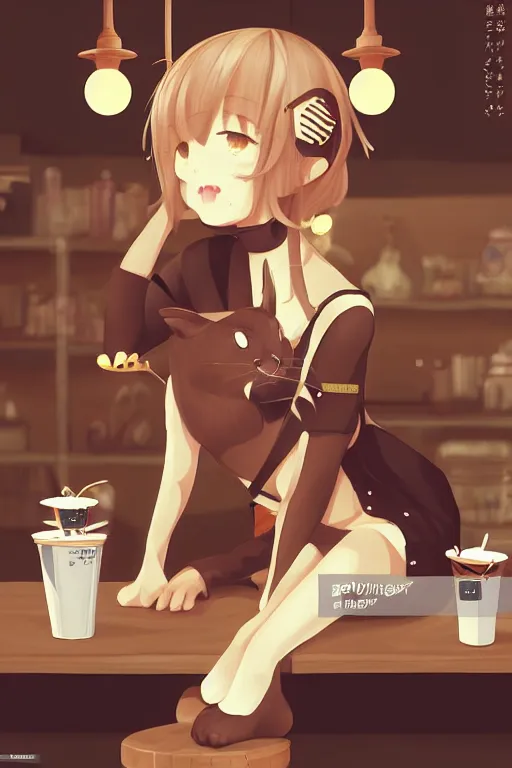 Image similar to detailed painting of a cute character with animal ears relaxing inside a cafe, vector art by kobaruta and shinonoko, featured on pixiv, romanticism, warm lighting, 2 d game art, flat shading, pixiv