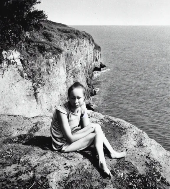 Image similar to a vintage photo of a girl sitting on a cliff overlooking the beach.