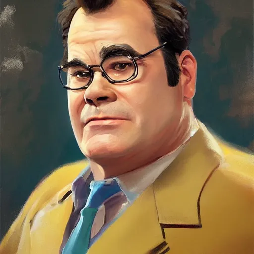Image similar to greg manchess portrait painting of ghostbuster dan akroyd's appearance dr. raymond stantz overwatch character, medium shot, asymmetrical, profile picture, organic painting, sunny day, matte painting, bold shapes, hard edges, street art, trending on artstation, by huang guangjian and gil elvgren and sachin teng
