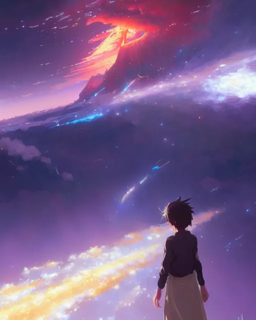 Prompt: makoto shinkai concept art of descending quran from the nebula cloud, key visual, ambient lighting, highly detailed, digital painting, artstation, concept art, sharp focus, by makoto shinkai and akihiko yoshida and hidari and wlop and greg rutkowski