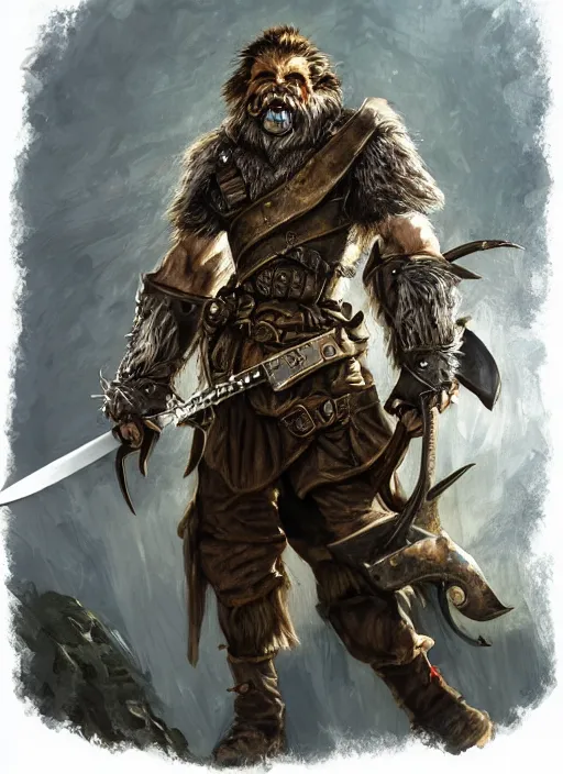 Image similar to strong young man, photorealistic bugbear ranger holding aflaming sword, black beard, dungeons and dragons, pathfinder, roleplaying game art, hunters gear, jeweled ornate leather and steel armour, concept art, character design on white background, by alan lee, norman rockwell, makoto shinkai, kim jung giu, poster art, game art