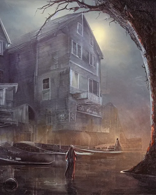 Prompt: concept illustration from the'0 0 s supernatural thriller'old as the water ', a high quality high detail painting by david mattingly and samuel araya and tony diterlizzi, hd 4 k 8 k, realistic hyperdetailed scene painting, photorealistic lighting, urban horror aesthetic, composition and scene layout inspired by gregory crewdson and brendon burton.