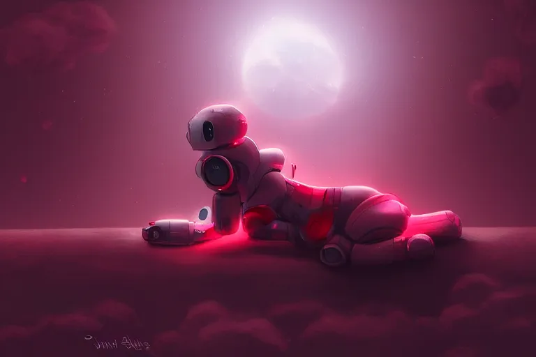 Image similar to a cute robot girl sitting on a cloud relaxing, red lighting, mist, digital art,