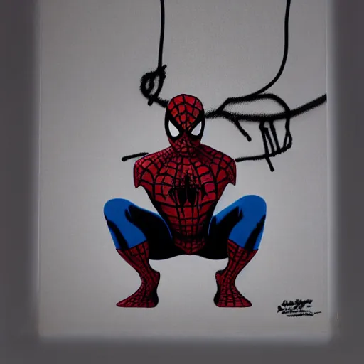 Prompt: spiderman silk screen banksy, 8 k, studio lighting