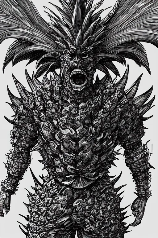 Image similar to pineapple humanoid figure monster wearing pineapple themed armour, symmetrical, highly detailed, digital art, sharp focus, trending on art station, kentaro miura manga art style