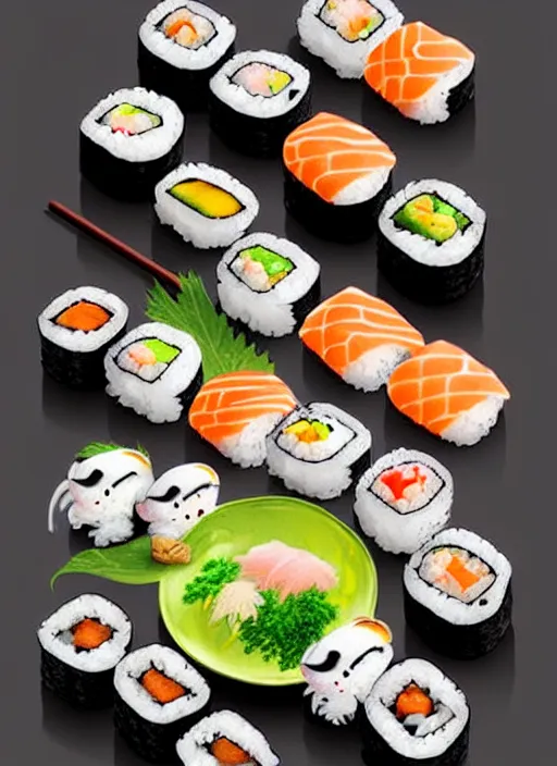 Image similar to clear photorealistic picture of adorable cats made out of sushi