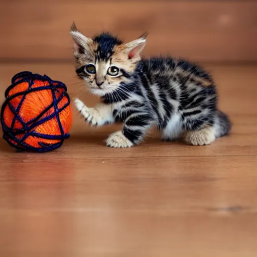 Prompt: small tortoiseshell colored kitten playing with a ball of yarn, sun rays, hardwood floor