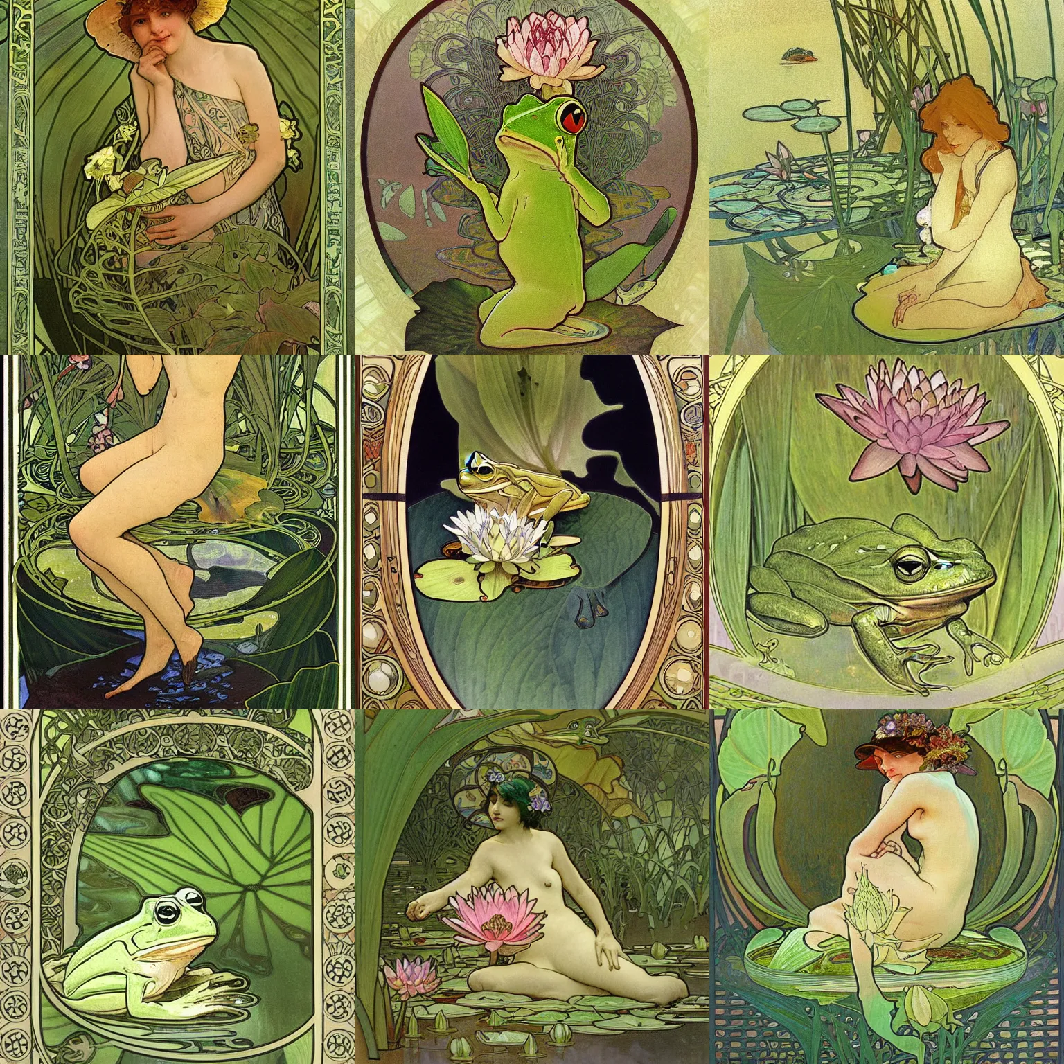 Prompt: A delicate painting of a frog hiding in a magical pond under a waterlily leaf, by Alphonse Mucha, art nouveau, detailed, elegant