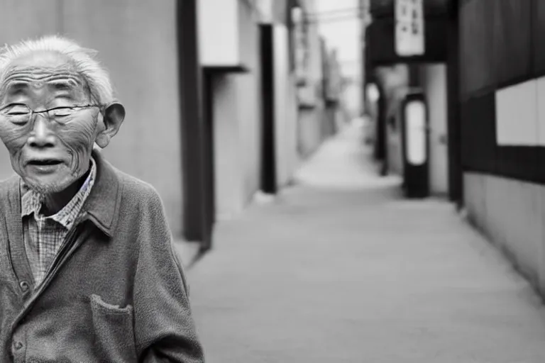Prompt: still photo of a japanese old man greeting at the camera on the street, black and white color aesthetic, highly detailed, photorealistic portrait, bright studio setting, studio lighting, crisp quality and light reflections, unreal engine 5 quality render