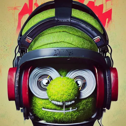 Image similar to a portrait of an anthropomorphic tennis ball monster by sandra chevrier, detailed render, tape deck, boombox, headphones, epic composition, cybernetics, 4 k realistic, cryengine, realistic shaded lighting, sharp focus, masterpiece, by matteo scalera, gary montalbano, peter elson in the style of the tokyo ghost comic