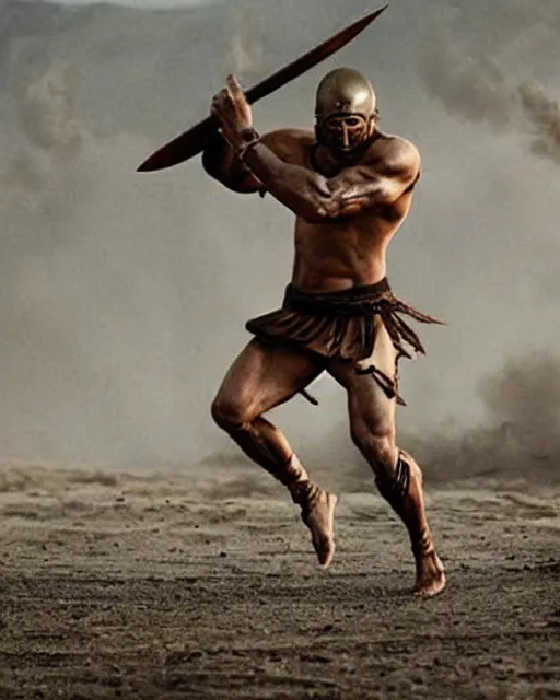 Image similar to spartan warrior sprinting on beach, epic award winning action cinematic still from the movie 3 0 0, muscles,