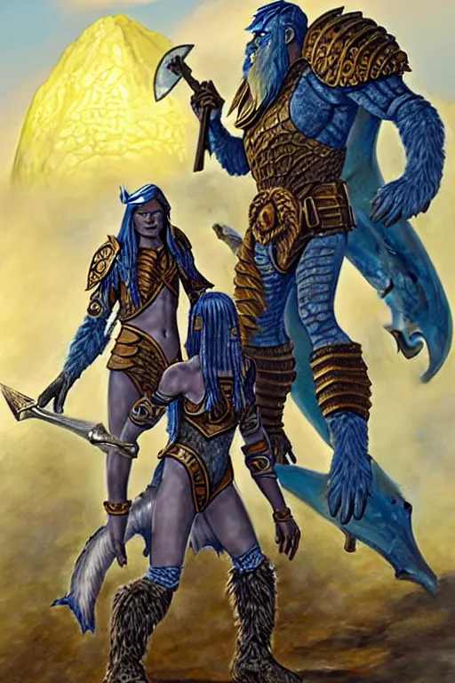 Image similar to a small blue-skinned triton girl wearing scale armor riding on a the shoulders of a large male goliath wearing fur and leather armor, dnd concept art, painting by Larry Elmore and ross tran