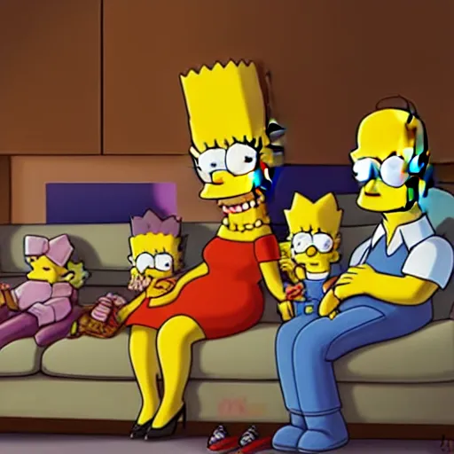 Image similar to Simpsons family sitting on the couch watching TV Stanley Artgerm Lau, dynamic lighting, stunning visuals, creative, trending on art station -150