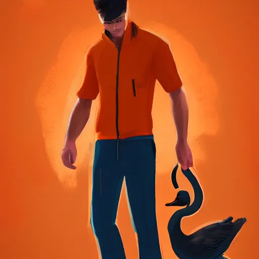 Prompt: man in orange shirt zip - up a goose, artstation