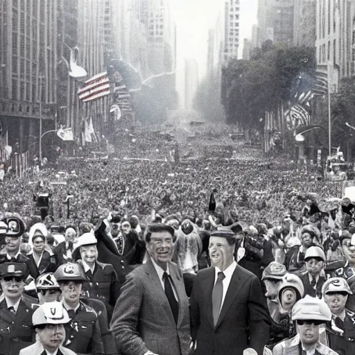 Image similar to Communis States of America, alternate history, Comrade Ronald Reagan, Premier Reagan, USSA, 1987, communist America, military parade, 5th Avenue parade