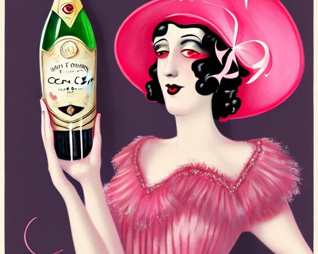 Image similar to a 1 9 2 0 s cancan dancer with a big bottle of champagne in art deco style, nicoletta ceccoli, mark ryden, lostfish, max fleischer, hyper realistic, artstation, illustration, digital paint, matte paint, vivid colors, bright, cheerful, detailed and intricate environment