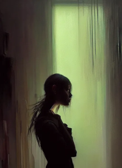 Image similar to a portrait of a sad woman inside a modern apartment, intricate oil painting, hyperdetailed, ethereal, cinematic, dramatic lighting, by jeremy mann and ruan jia and ilya kuvshinov