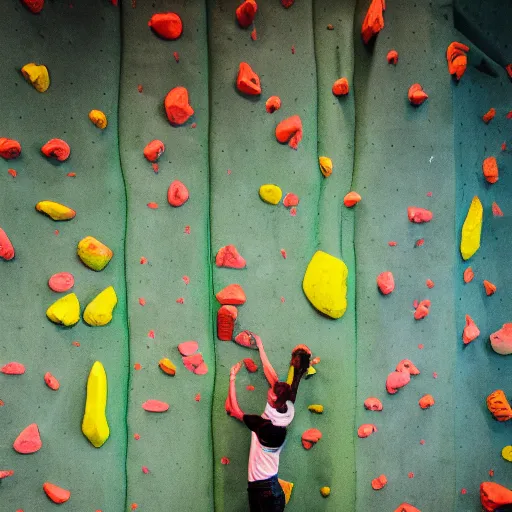 Image similar to looking up at a dirty light green bouldering wall with brightly colored holds and volumes, holds and volumes made of human faces, iso, mm, octane,