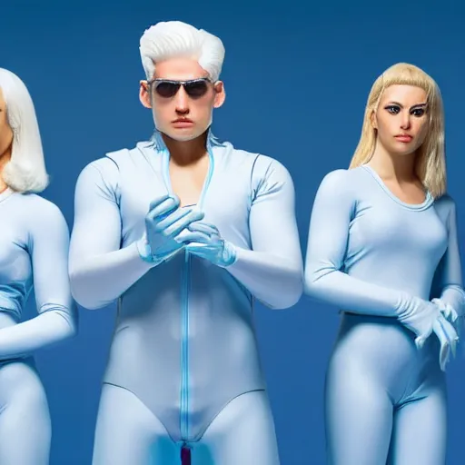 Prompt: troop of athletic humans with white hair wearing tight light blue latex suits, in formation, futuristic chemistry lab, sci - fi, highly detailed, hyperrealistic