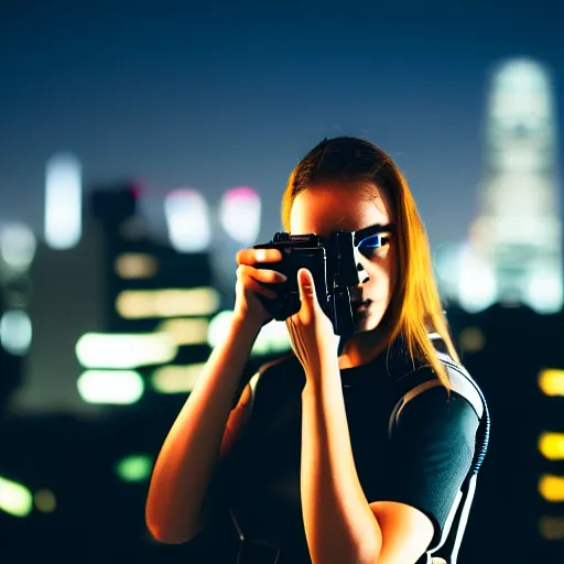 Image similar to photographic portrait of a techwear woman holding a Glock 18, closeup, on the rooftop of a futuristic city at night, sigma 85mm f/1.4, 4k, depth of field, high resolution, 4k, 8k, hd, full color