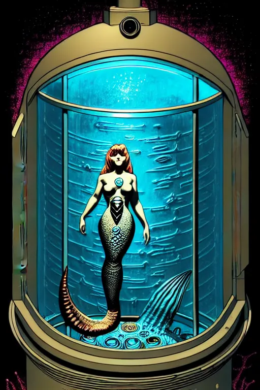 Image similar to steampunk cryo chamber containing a mermaid, high details, intricately detailed, by vincent di fate, inking, 3 color screen print, masterpiece, trending on artstation,, sharp, details, hyper - detailed, hd, 4 k, 8 k