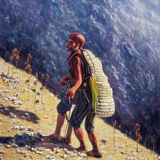 Prompt: kurdish man walking up a mountain with a huge backpack on with bags of rice attached on, beautiful painting by henry justice ford, incredible detail, award winning art