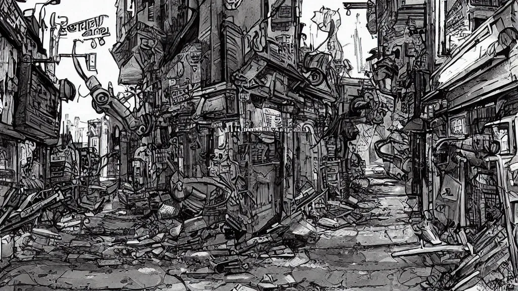 Prompt: the alley behind the seediest dive bar in the universe, futuristic dumpster and burned out robot scraps by Ralph Bakshi