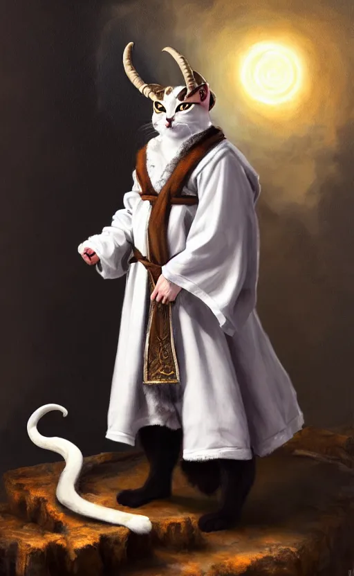 Prompt: a bipedal cat that has goat horns, anthropomorphic cat that is wearing robes, oil painting, by diego velazquez, dnd, character reveal, cosmic, magical, fog, noble, full body portrait, intricate, extremely detailed, cult, ritual, 4 k, 8 k