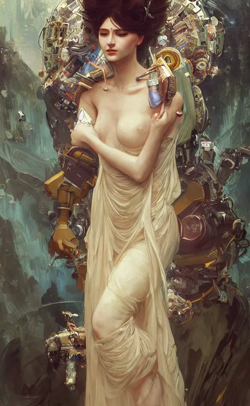 Image similar to a beautiful painting of a crowned robotic cyberpunk princess in a flowing gown, intricate, elegant, highly detailed, digital painting, artstation, concept art, by krenz cushart and artem demura and william adolph bouguereau and alphonse mucha