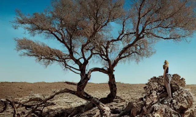 Image similar to medium shot of a crying ancient dried up Danu, peaceful, facing the camera and standing in front of a dried up river in a desolate land, dead trees, blue sky, hot and sunny, highly-detailed, elegant, dramatic lighting, artstation, 4k, cinematic landscape, photograph by Elisabeth Gadd