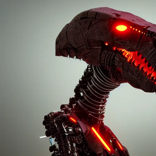 Image similar to still of a cyborg T-Rex, red eyes, robotic extended arms, 4k, film grain, 85mm