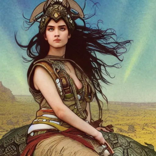 Prompt: a little warrior girl sitting on top of one giant turtle seen from a distance in the desert. the girl has dark skin and beautiful green eyes, realistic full body and a very beautiful detailed symmetrical face with long black hair. diffuse light, dramatic sky and landscape, fantasy illustration by mucha