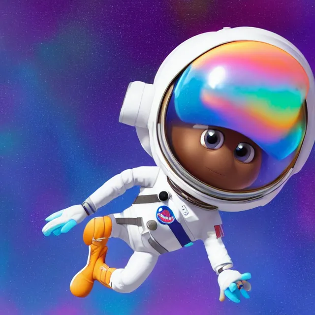 Image similar to a cute astronaut, pixar animation style, soft colors, by jeff koons, by lisa frank, octane render, colorful, spectral color, 5 d, ultra - hd, happy, good, mini, volumetric lighting