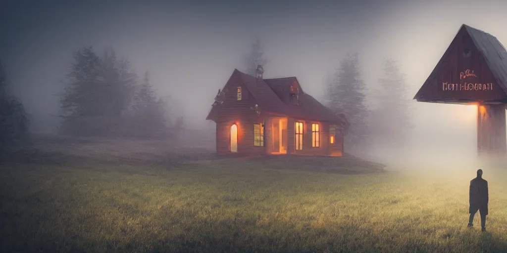 Prompt: a landscape, fog, mist, high wooden house with neon sign, a man with the head of a raven at the door, ultra-realistic