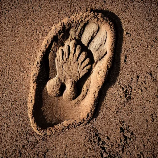 Prompt: the footprint of bigfoot in the mud, 4 k high - resolution photograph, ultra detail, hd photo