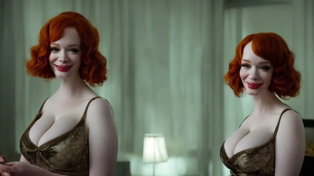 Image similar to a very happy beautiful Christina Hendricks in the living room, film still from the movie directed by Denis Villeneuve with art direction by Salvador Dalí, wide lens