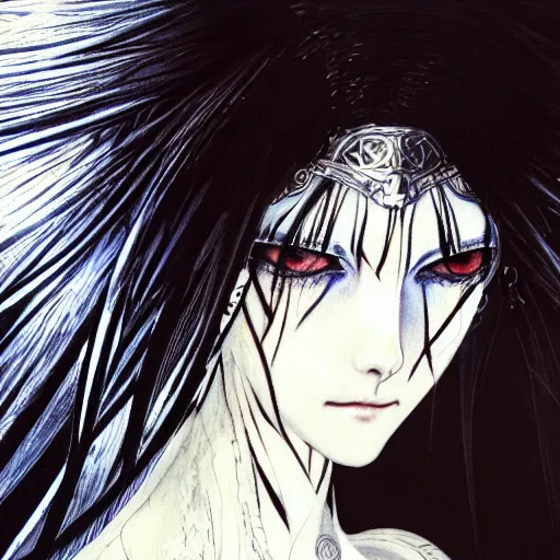 Image similar to yoshitaka amano realistic illustration of an anime girl with black eyes, wavy white hair fluttering in the wind and cracks on her face wearing elden ring armor with engraving, abstract black and white patterns on the background, noisy film grain effect, highly detailed, renaissance oil painting, weird portrait angle, three quarter view