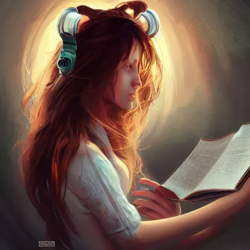 Image similar to a girl reading book, sci-fi, glossy eyes, face, long hair, fantasy, intricate, elegant, highly detailed, digital painting, artstation, concept art, smooth, sharp focus, illustration