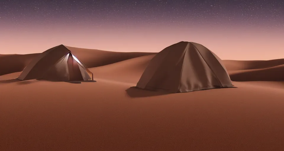 Image similar to hyper realistic matte painting of a small tent in the desert with dunes at midnight, dark color scheme, artstation