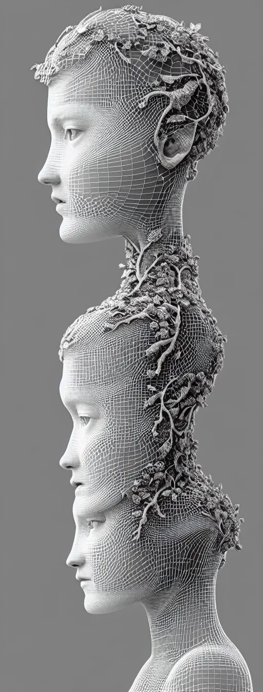 Image similar to complex 3d render ultra detailed of a beautiful porcelain profile woman face, black eyes, vegetal dragon cyborg, 150 mm, beautiful natural soft light, rim light, silver vanilla details, neural network, synapsis, magnolia big leaves and stems, roots, fine foliage lace, maze like, mesh wire, hyperrealistic, ultra detailed, mandelbrot fractal, anatomical, white metal neocubism armor, facial muscles, cable wires, microchip, elegant, octane render, black and white, H.R. Giger style