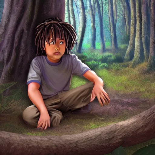 Image similar to a small small boy peeking behind a tree in a forest. The boy is watching two other boys with dreadlocks hair who are hiking, digital art, extra-detailed