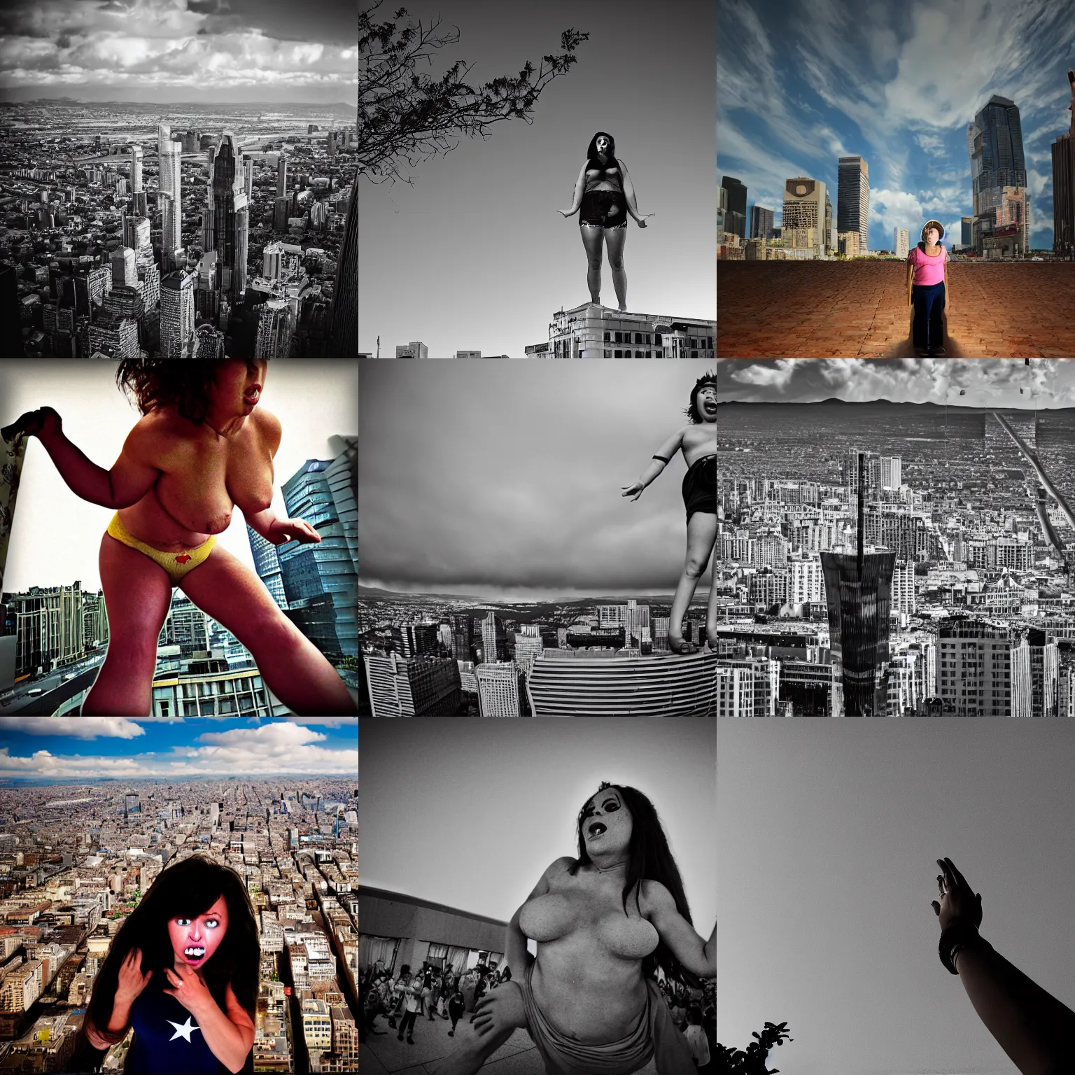 Prompt: A giantess terrifies an entire country. Nikon sigma 1/6.