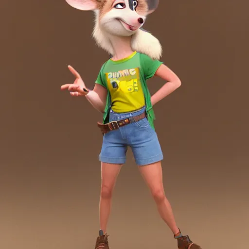 Prompt: 3 d render, portrait, mid shot, anthropomorphic mouse, female, blond fur, blue eyes, wearing denim short shorts and a off yellow tank top shirt, solo, in the style of zootopia